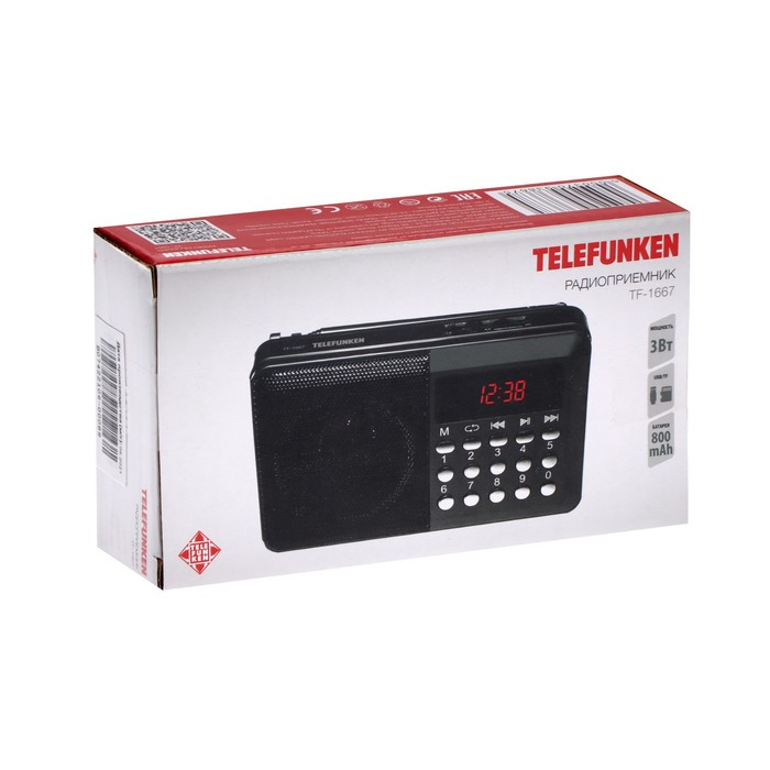 Радиоприемник Telefunken TF-1667, FM+ 87.5 МГц - 108 МГц, MP3, USB, microSD,800 мАч, чёрный