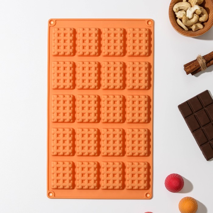 Форма для шоколада Доляна «Вафли», силикон, 17×30×1 см, 20 ячеек (4,3×3,3 см), цвет МИКС форма силиконовая для шоколада плитка мелкие дольки 26×17×1 см 6 ячеек цвет микс