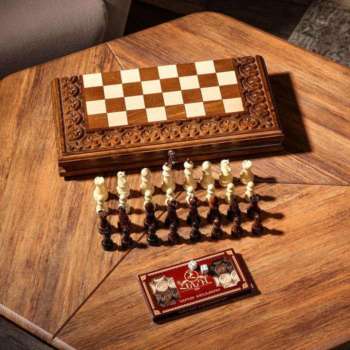 Шахматы-нарды ручной работы Узоры с резкой, 40х20 см, массив ореха, Армения шахматы ручной работы стандарт 30х16 см массив 9079218