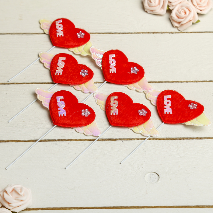 Сердце на палочке (набор 6 шт) "Крылья любви"