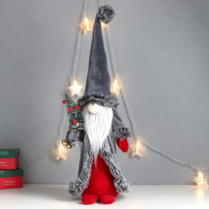 Кукла интерьерная Дед Мороз с ёлкой в мешке, серая бархатная шуба 51х18х18 см дед мороз длинная шуба с ёлкой 17 см