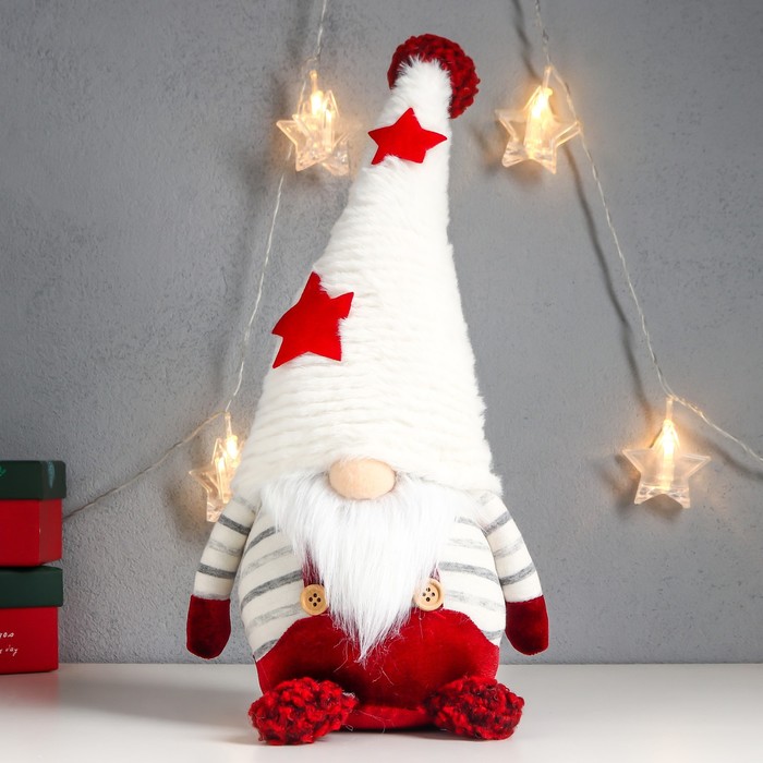 Кукла интерьерная Дед Мороз в красном комбинезоне, в колпаке со звёздами 35х16х14 см