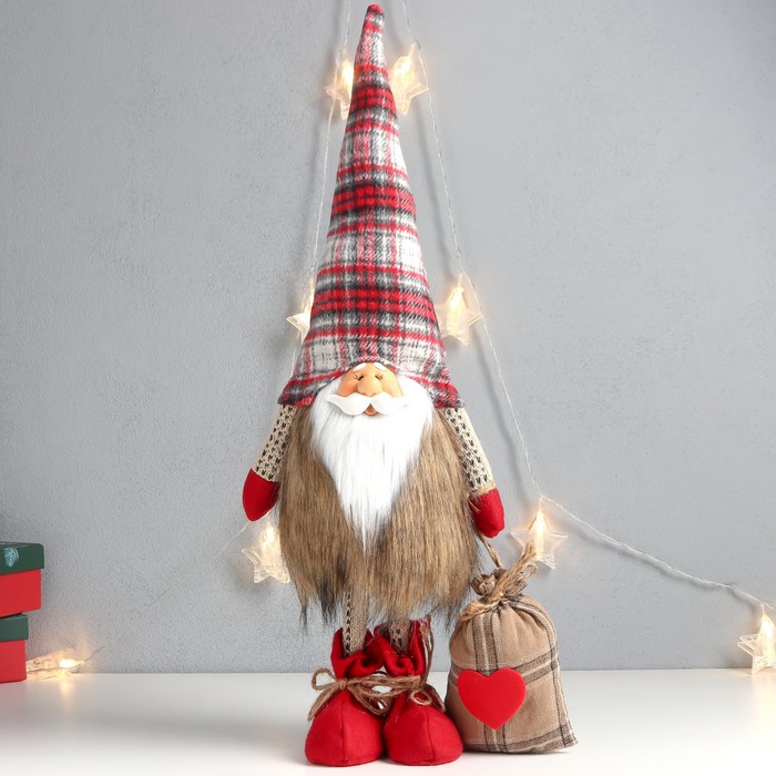 Кукла интерьерная Дед Мороз с мешком подарков, в мохнатой шубе 56х24х14 см дед мороз в синей шубе с посохом и мешком 26х50 см