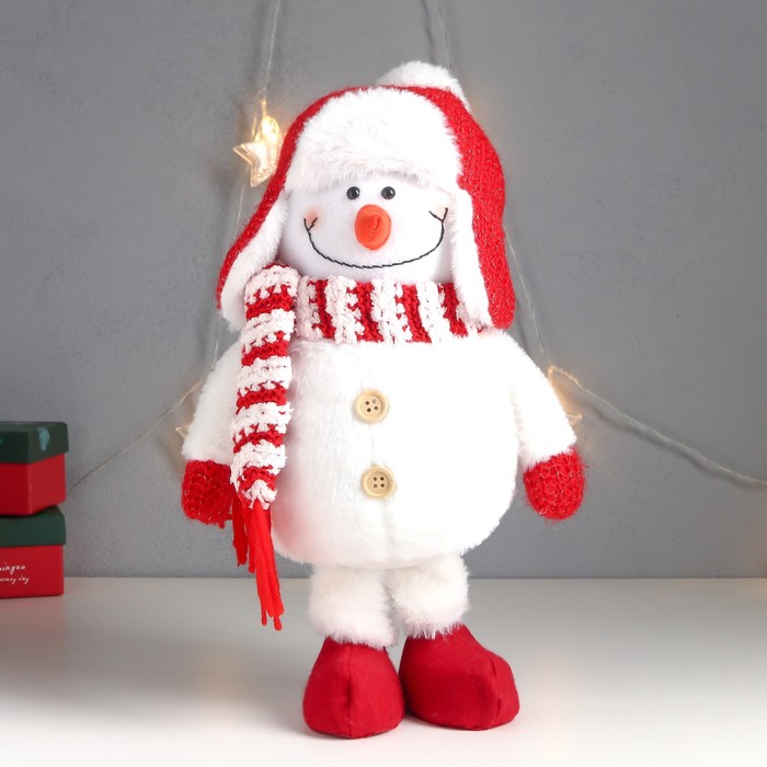 Кукла интерьерная Снеговик в красной шапке-ушанке с бомбошкой 40х17х16 см