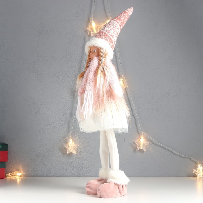 Кукла интерьерная "Девочка с косами, в колпаке, бело-розовый наряд" 63х20х13 см