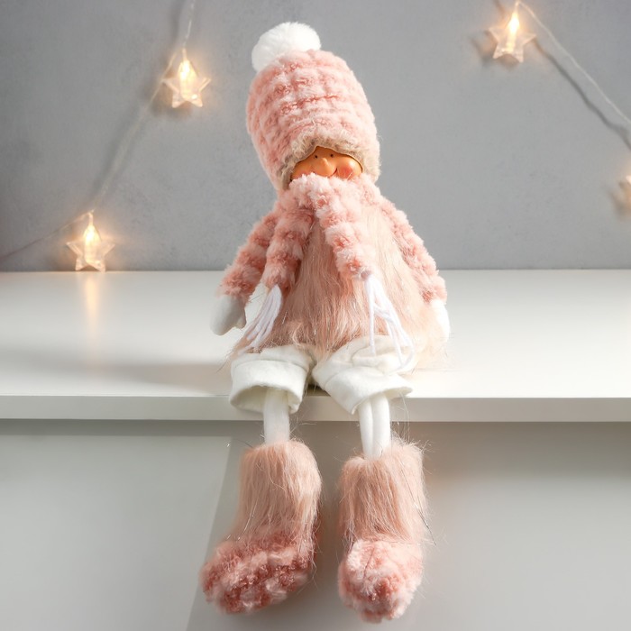 Кукла интерьерная Мальчишка-кудряш в розовом меховом костюме длинные ножки 51х10,5х13,5 см 75753