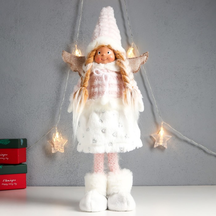 Кукла интерьерная "Ангелочек с косичками, в белом наряде с сердечками" 45х20х10 см