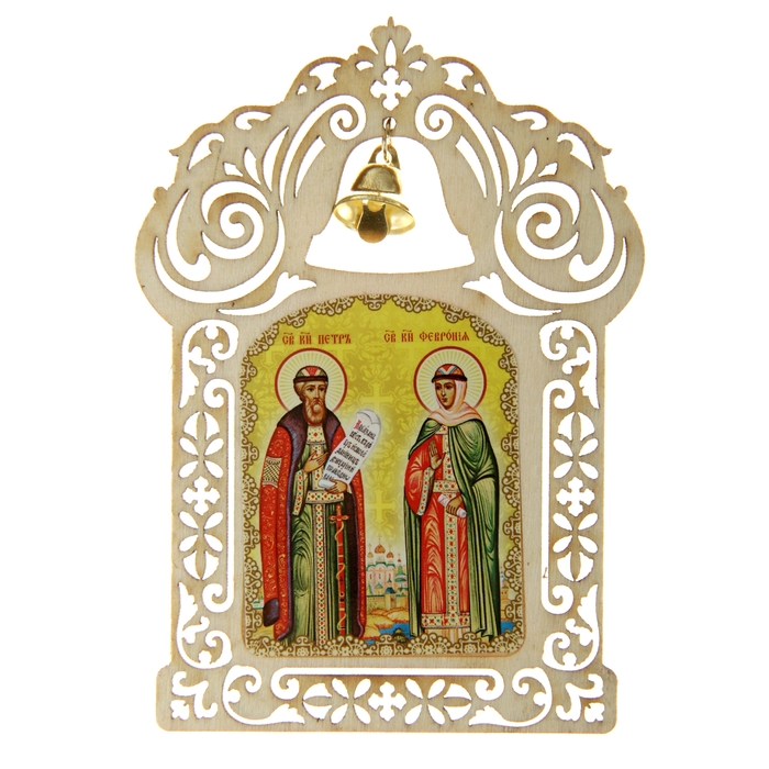 Икона в авто с колокольчиком &quot;Петр и Феврония&quot; на клеящейся основе
