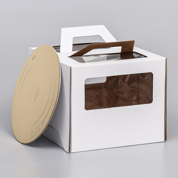 Коробка под торт 2 окна, с ручками, белая, + подложка 2,5 золото-белый, 24 х 24 х 20 см