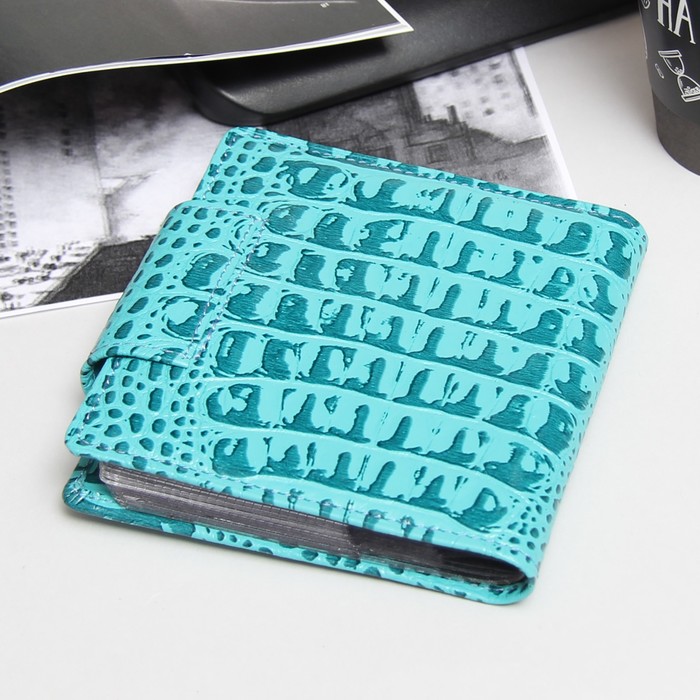 Визитница на кнопке, 2 ряда, на 40 карточек, кайман, цвет бирюзовый