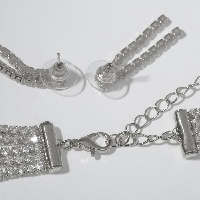 Набор 2 предмета: серьги, колье "Водопад" пять нитей, цвет белый в серебре, 40см + 10см
