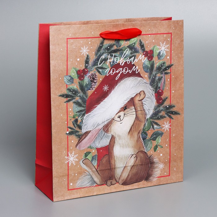 Пакет крафтовый вертикальный «Новогодняя пора», M 26 × 30 × 9 см