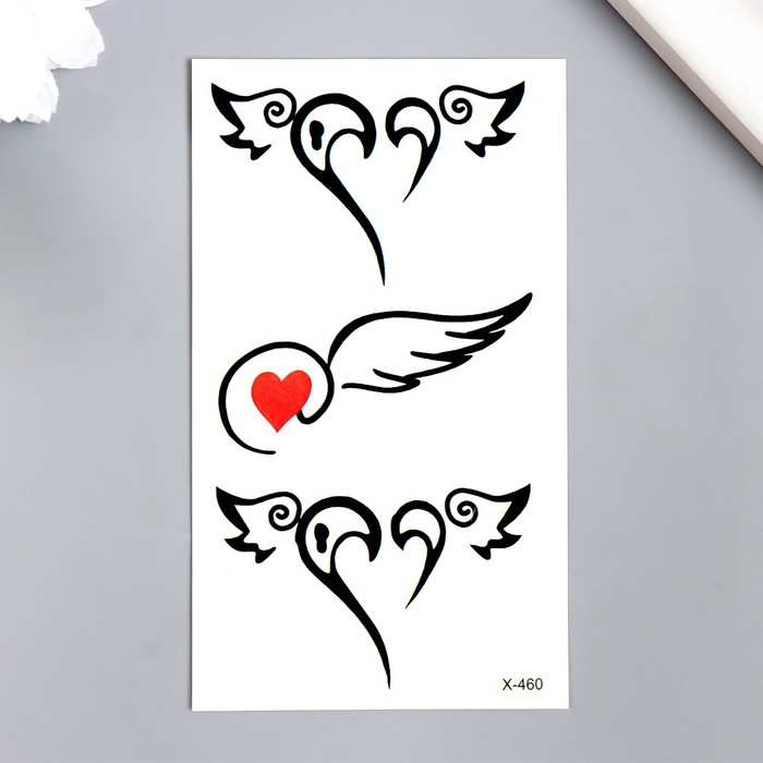 Татуировка на тело чёрная Сердца с крыльями 10,5х6 см