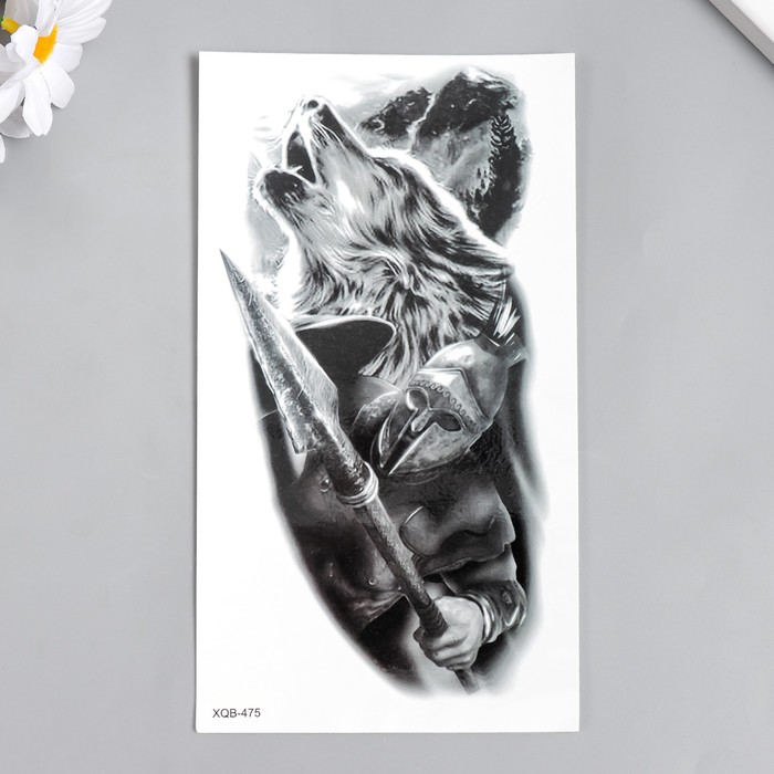 Татуировка на тело чёрная Волк и рыцарь 21х11,5 см цена и фото
