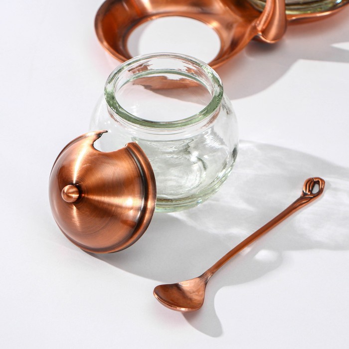 фото Набор стеклянных сахарниц на подставке с ложками «султан», 140 мл, 17,5×8,5×11 см, 2 шт, цвет бронзовый