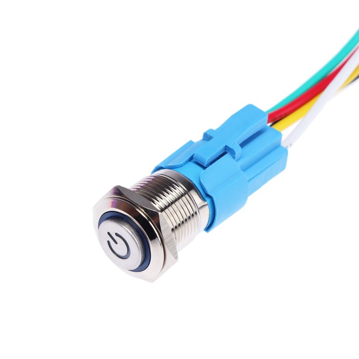 Выключатель с фиксацией, 12 В, 3 А, 5 pin, IP67, d 16мм, провод 15 см, синяя