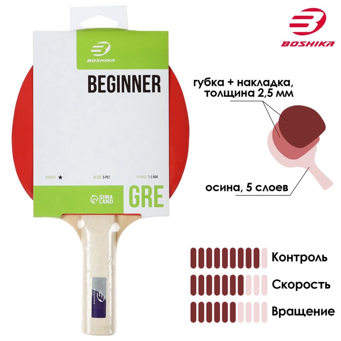 Ракетка для настольного тениса BOSHIKA Beginner 1*, для любителей, накладка 1,5 мм, прямая ручка