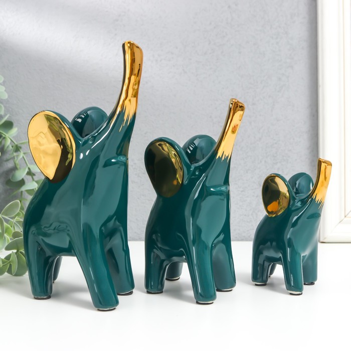 цена Сувенир керамика Слоники - зелёный глянец золото набор 3 шт 9х11; 10,5х15,5; 12,5х19 см
