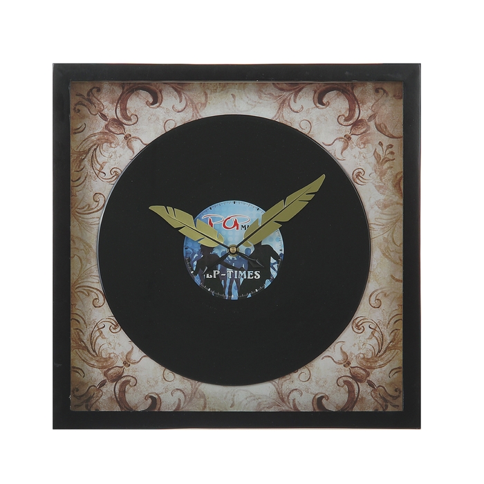 Часы настенные интерьерные "Винил" в раме, стрелки в форме перьев