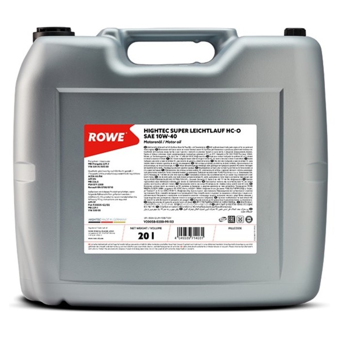 

Масло моторное Rowe 10/40 Hightec MB A3/B4,SN Super Leichtlauf HC-O, синтетическое, 20 л