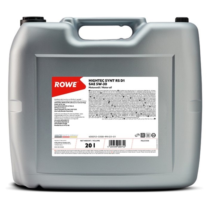 фото Масло моторное rowe 5/30 hightec synt rs d1 api sp rc/sn plus rc ,ilsac gf-5/-6a, синт, 20 л 92599