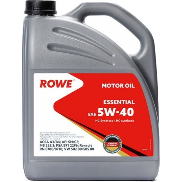 Масло моторное Rowe 5/40 Essential A3/B4,SN/CF, синтетическое, 4 л масло моторное s oil gold 9 0w 40 sn a3 b4 синтетическое 4 л