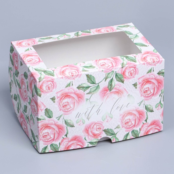Коробка на 2 капкейка с окном, кондитерская упаковка «Розы», 16 х 10 х 10 см