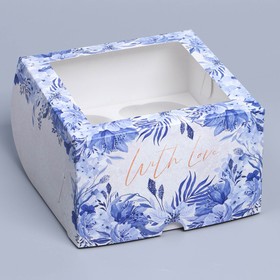 Коробка на 4 капкейка с окном, кондитерская упаковка «Синие цветы», 16 х 16 х 10 см