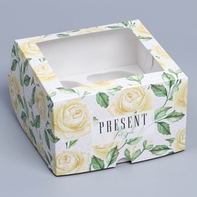 Коробка на 4 капкейка с окном, кондитерская упаковка «Белые розы», 16 х 16 х 10 см