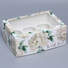 Коробка на 6 капкейков кондитерская с окном, упаковка, «Белые пионы», 25*17*10 см