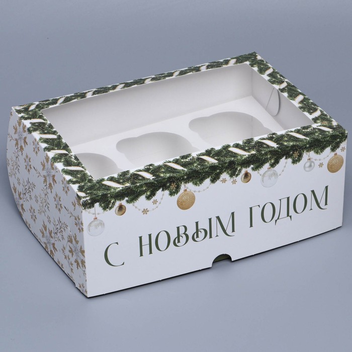 Коробка складная на 6 капкейков с окном «Паттерн снежинки», 25 х 17 х 10 см упаковка на 6 капкейков с окном снежинки 25 х 17 х 10 см