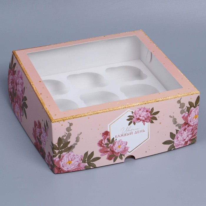 Коробка на 9 капкейков с окном, кондитерская упаковка «Цветы», 25 х 25 х 10 см