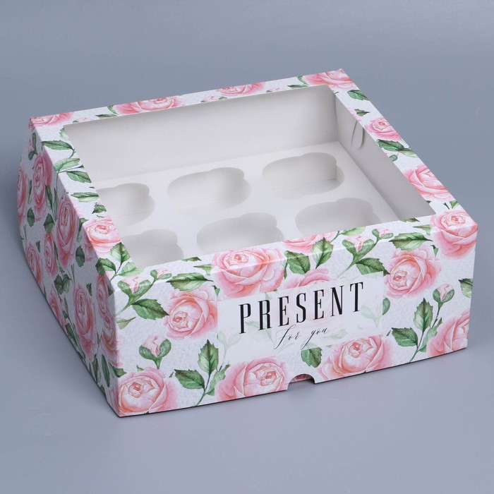 Коробка на 9 капкейков с окном, кондитерская упаковка «Розы», 25 х 25 х 10 см коробка складная на 9 капкейков с окном капкейки 25 х 25 х 10 см
