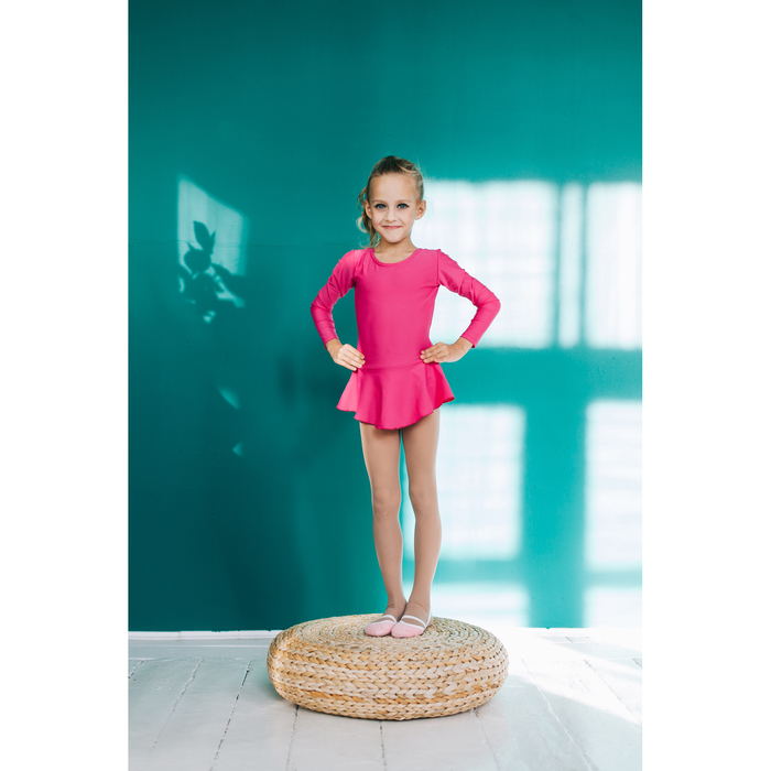 Купальник гимнастический с юбкой, с длинным рукавом, размер 32, цвет фуксия