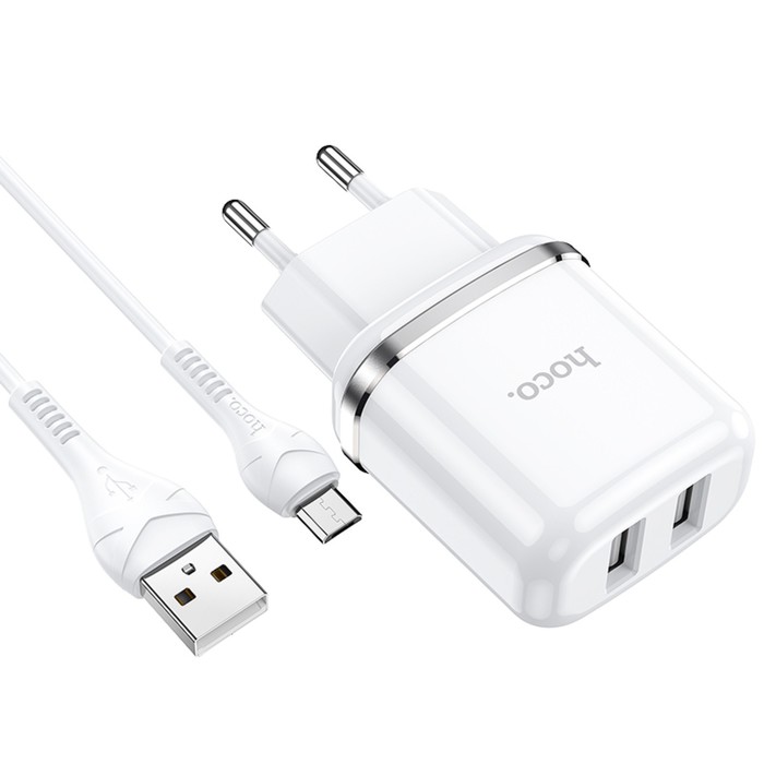 фото Сетевое зарядное устройство hoco n4, 2 usb - 2.4 а, кабель microusb 1 м, белый