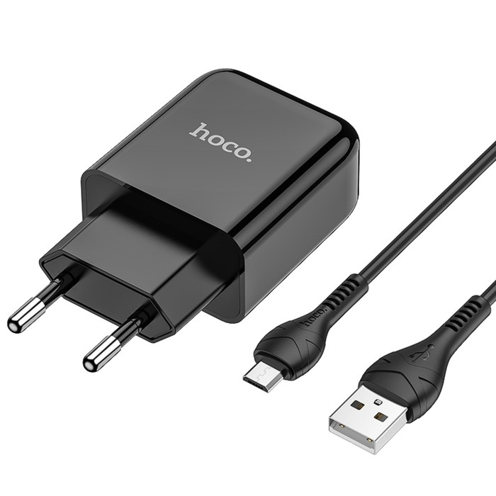 фото Сетевое зарядное устройство hoco n2, usb - 2.1 а, кабель microusb 1 м, черный