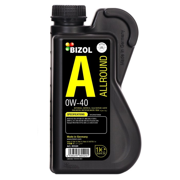 Моторное масло BIZOL Allround 0W-40 SN A3/B4, синтетическое, 1 л масло моторное s oil gold 9 0w 40 sn a3 b4 синтетическое 4 л