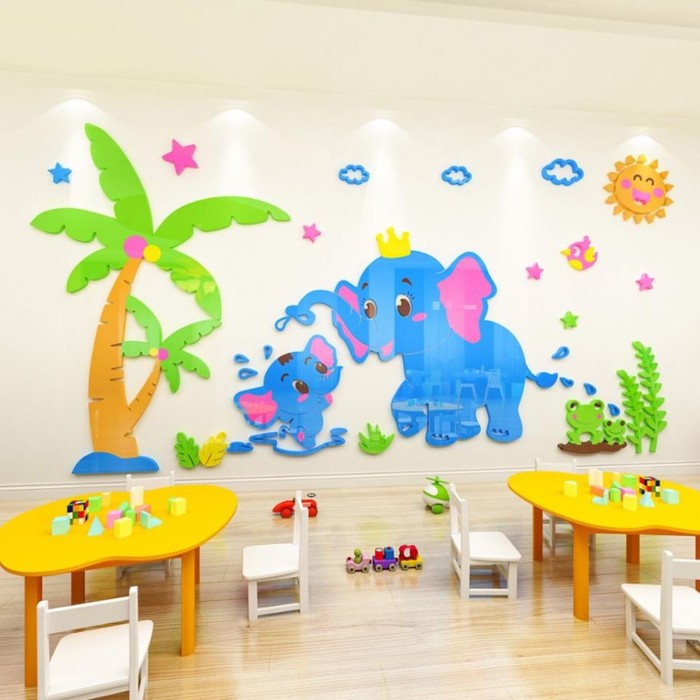 Наклейки интерьерные Слонята, детские, декор на стену, панно 150 х 75 см цена и фото