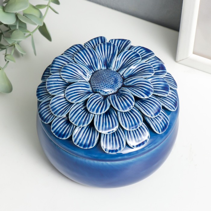 Шкатулка керамика "Пышный цветок" синий 9х12х12 см