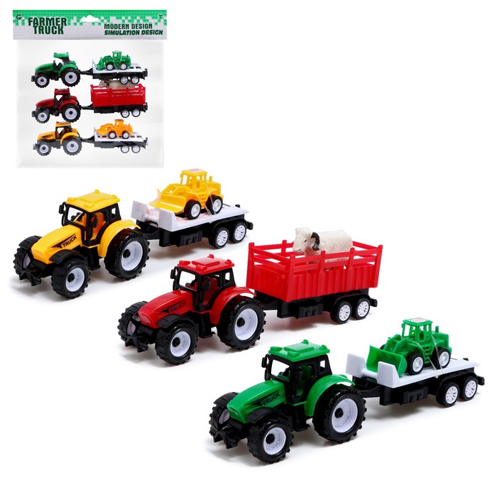Набор инерционных тракторов «Фермер» с прицепом, 3 штуки - фото 2268215