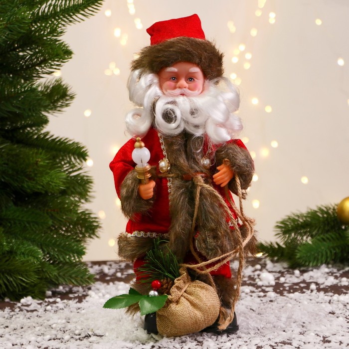 Дед Мороз В кафтане с пуговицами и с мешком 30 см, двигается, красно-коричневый