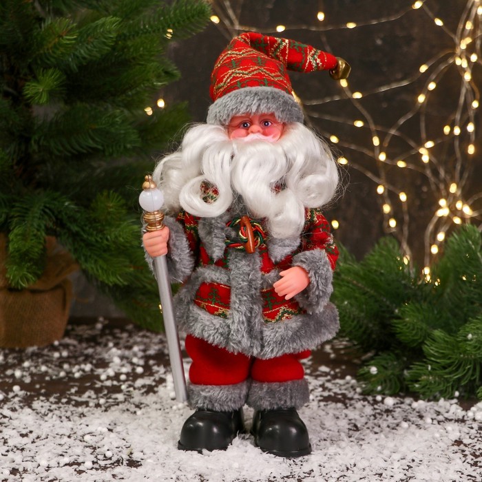 дед мороз в красно серой шубке и варежках двигается 17х45 см Дед Мороз Цветной шубке и с фонариком на посохе 30 см, двигается, красно-серый