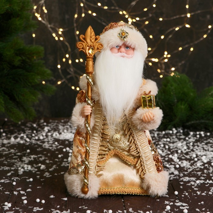 Дед Мороз В шубке с бахромой двигается, 30 см, золото дед мороз в коричневой шубке с посохом двигается 20х50 см