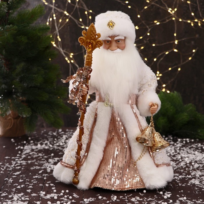 Дед Мороз С шишками и посохом двигается, 40 см, бело-бежевый дед мороз синяя шуба с посохом 27 см 1 шт