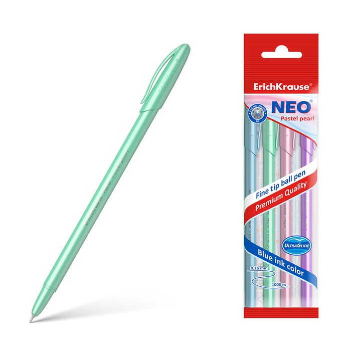 

Набор ручек шариковых ErichKrause Neo Pastel pearl, узел 0.7 мм, чернила синие, длина линии письма 1000 метров, 4 штуки, МИКС