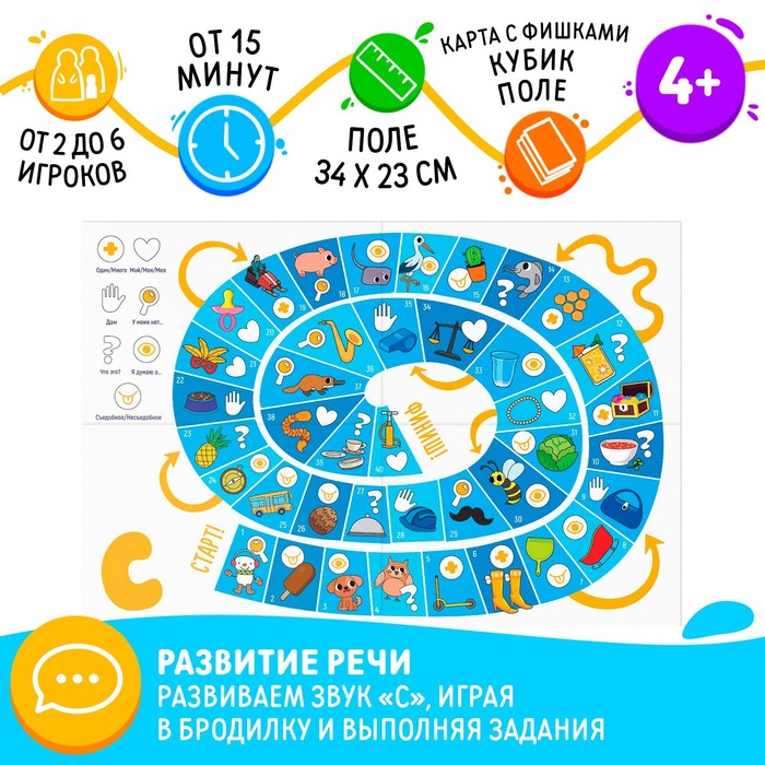 

Нейрологопедическая игра-бродилка «Путешествие со звуком [С]», игровое поле, карта с фишками, кубик, 4+