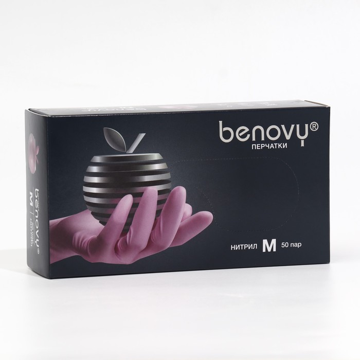 Перчатки Benovy медицинские нитриловые розовые 3,8 гр М, 50 пар