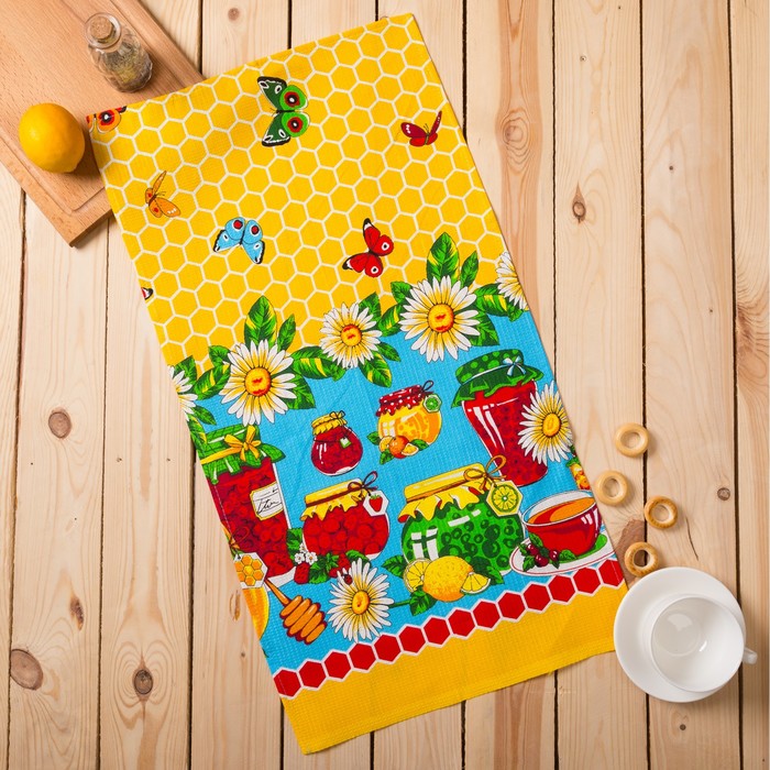 Полотенце вафельное набивное "Варенье" 40*75 см, жёлтое 160 гр/м, хлопок 100%