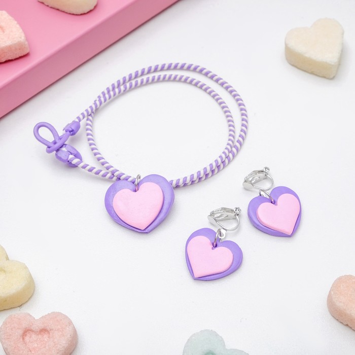 Набор детский "Выбражулька" 2 предмета: клипсы, кулон, сердечки, цвет МИКС