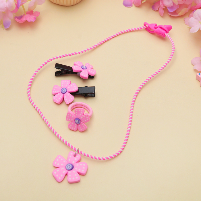 Набор детский "Выбражулька" 4 предмета: 2 заколки, кулон, кольцо, цветочек, цвет МИКС